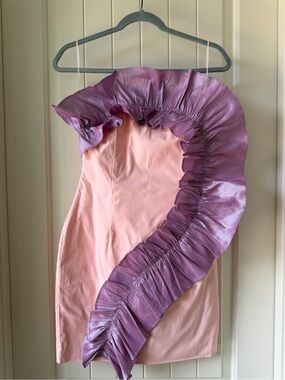 Pink Strapless Mini Dress with Lavender Ruffle Detail